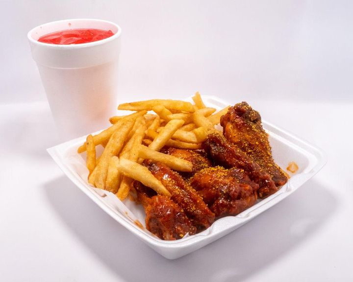 A 6-piece KBBQ wing combo meal served with a side dish and a refreshing drink.