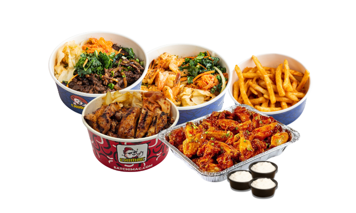 Chimac Family Meal (Feeds 4-5): The perfect dinner for up to 5! Includes 3 Signature Large Bowls, 15 Crispy Jumbo Wings, and 1 Large Family Side.
