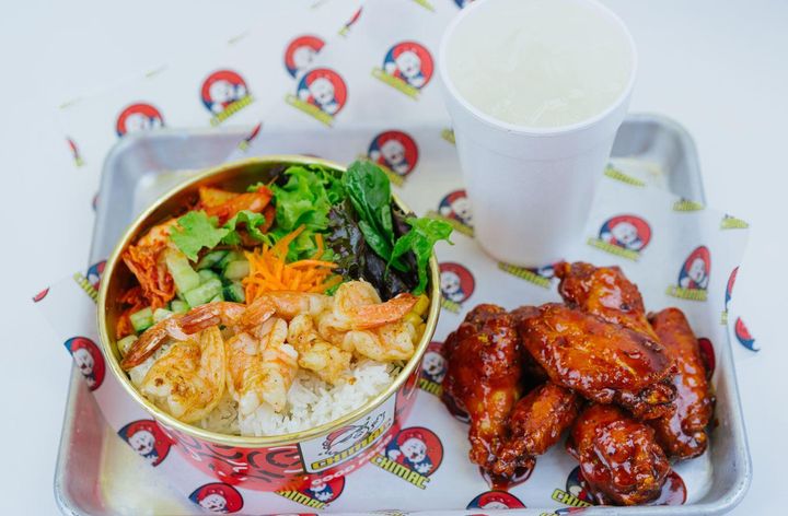 Chimac Jumbo Shrimp Bowl + Wings Combo: Jumbo Shrimp Bowl + 4-6 wings w/ Drink.