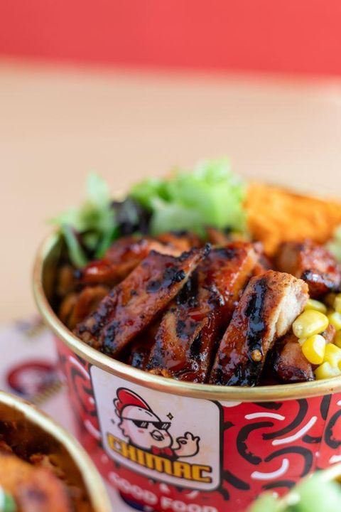 Chimac KBBQ Chicken Bowl: All natural fresh chicken with house made blend of 19 spices. Marinated for 24 hours in our Soy blend sauce before grille...