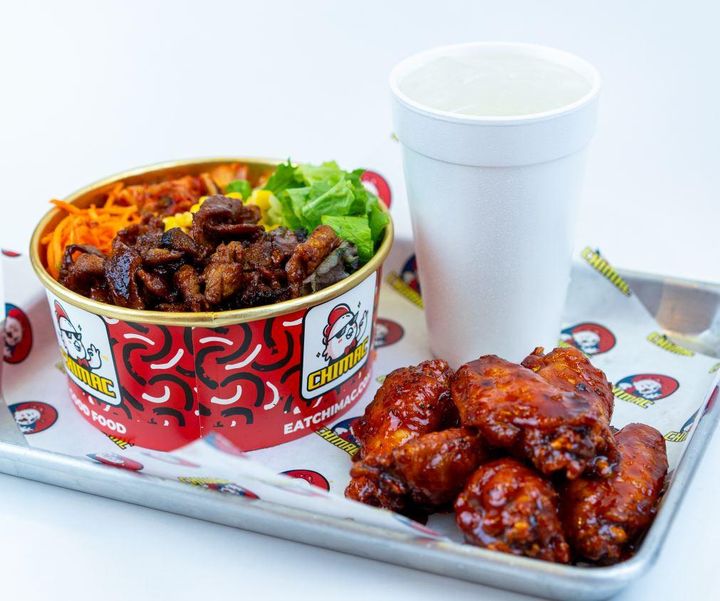 Chimac KBBQ Steak Bowl + Wings Combo: Perfect for a large lunch or dinner. Bowl + 4-6 wings w/ Drink.