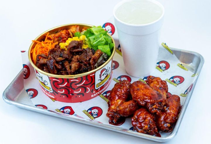 Chimac Spicy Pork Bowl + Wings Combo: Spicy Pork Bowl with 4-6 wings.