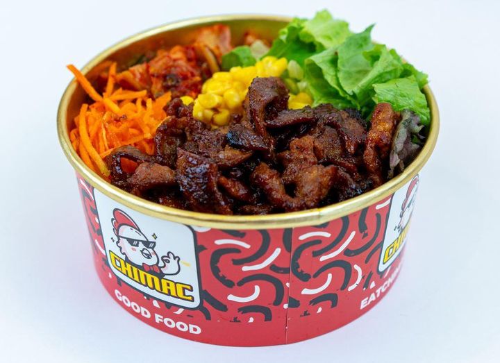 Chimac Spicy Pork Bowl: Thinly sliced Pork marinated in our Korean BBQ Spicy Korean BBQ blend before grilled to perfection.